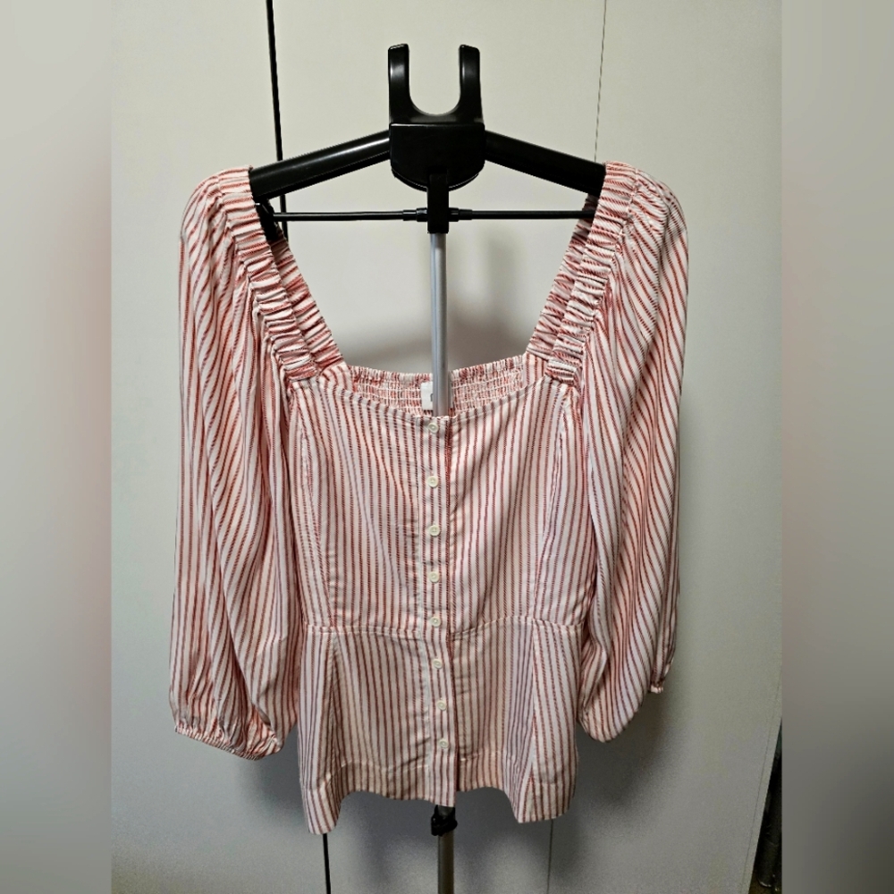 CAbi Red and White Puff Sleeve Peplum Blouse